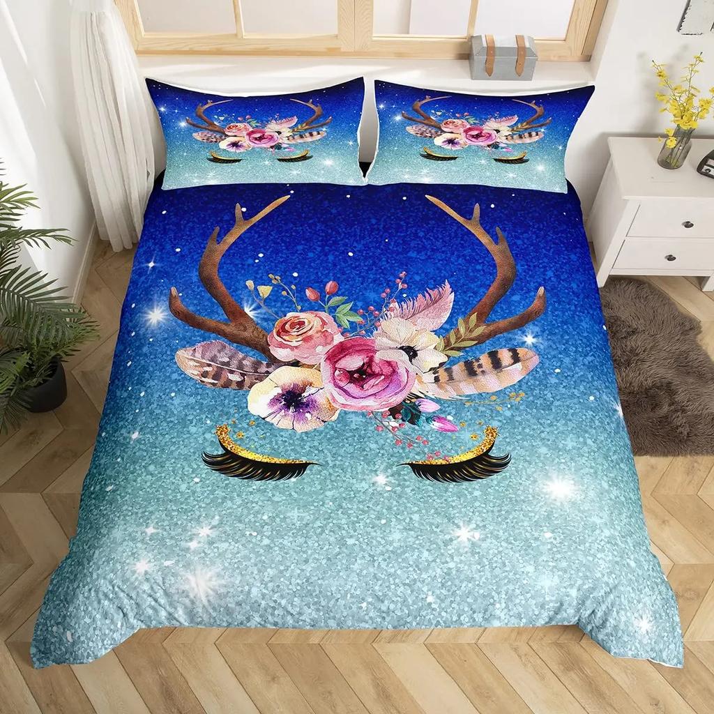 Unicorn Eyelas Duvet Cover Gradient Red and Purple Rainbow Golden Long Lashes Glittering Polyester Bedroom Decorations Women Kid