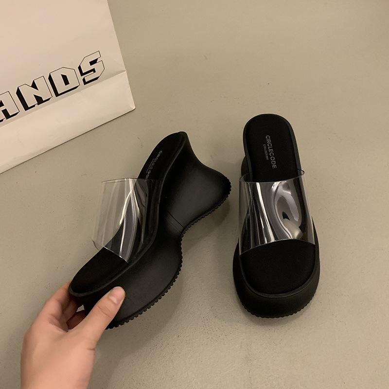 Super High Heel Thick Sole One-word Cool Slippers for Women's Summer Wear New Height-increasing Small Transparent Waterproof Table Sandals