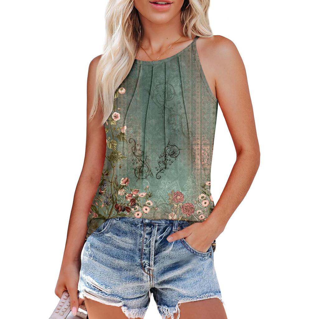Womens Summer Tank Tops Pleated O Neck Printing Casual Top Tank Tops For Women Loose Fit Sleeveless Shirts