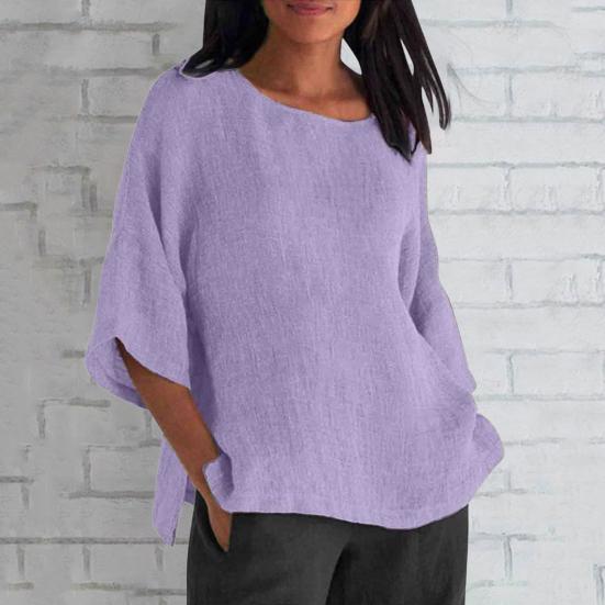 Женская рубашка с рукавом 3/4, повседневная, с круглым вырезом, однотонный пуловер, свободный крой, блузка для отпуска, повседневная одежда