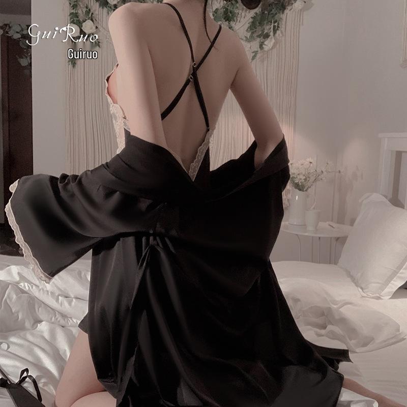 Элегантный кружевной пижамный комплект для весны/лета: Ночная сорочка-майка с открытой спиной и кардиган