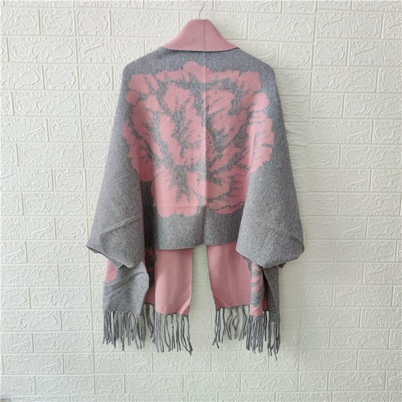 Женское пончо 2022, осенне-зимний шарф из искусственного кашемира с пионом и бахромой, двусторонняя теплая накидка с длинными рукавами, женский топ