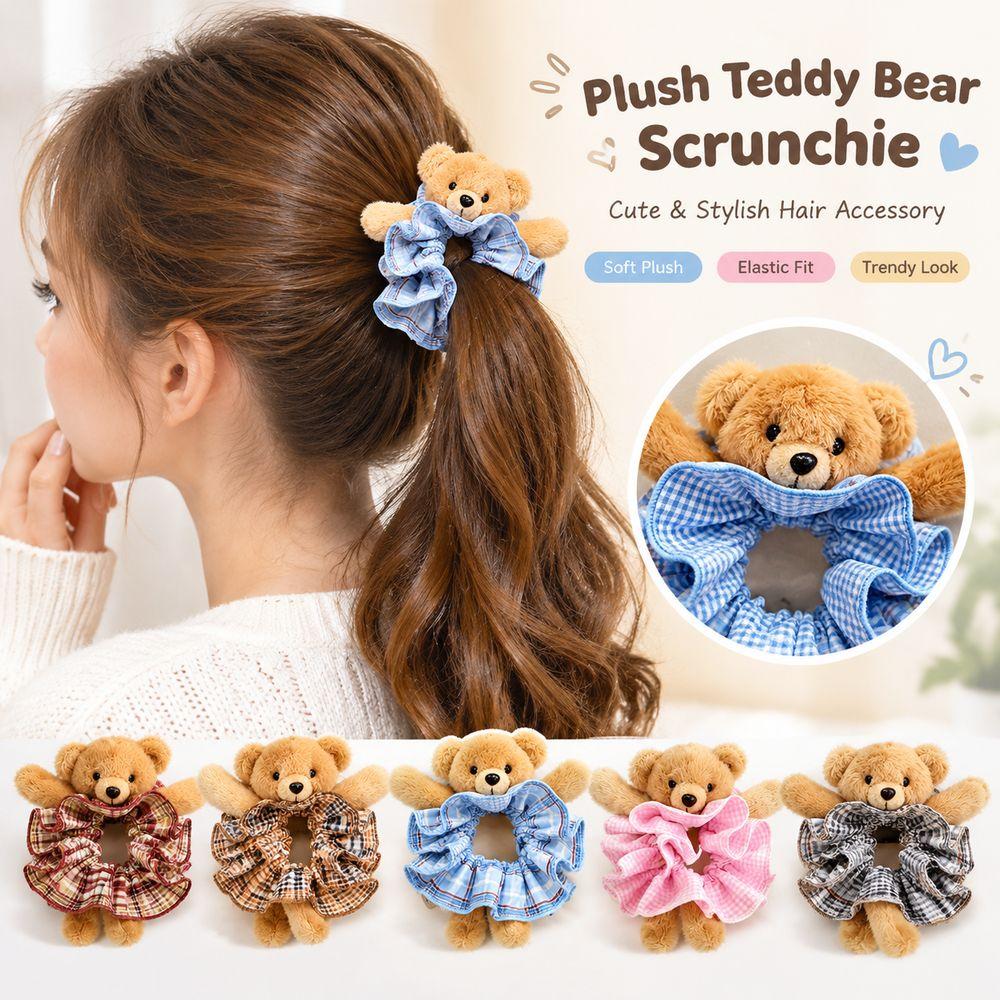 Scrunchie Hair Accessory Teddy Bear Hair Ring Plaid Plush Hair Band Ear Fluffy Ponytail Holder
