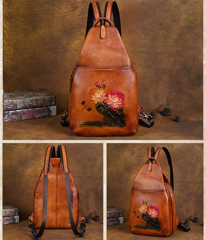 Рюкзаки с тиснением цветов для мужчин и женщин из натуральной кожи, сумки-лотосы, винтажный дизайн, модный рюкзак ручной работы