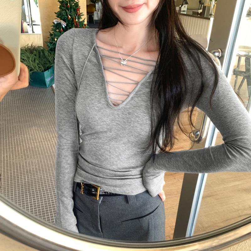 Women's Lace-up Deep V-neck Lyocell Tencel Wool Slimming Base Layer Top