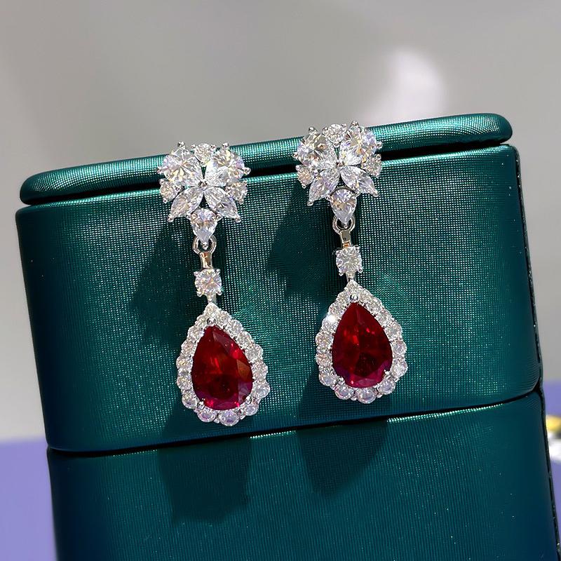 Huitan Pear Red Cubic Zirconia Hanging Earrings for Women Gorgeous Ear Accessories Wedding Party Aesthetic Earrings New JewelryGood product
