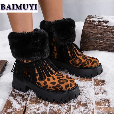 Туфли женские на платформе с леопардовым мехом и бахромой, зимние ботинки на среднем каблуке, теплые ботинки челси, тренд 2025 года, новые туфли-лодочки Mujer Botas