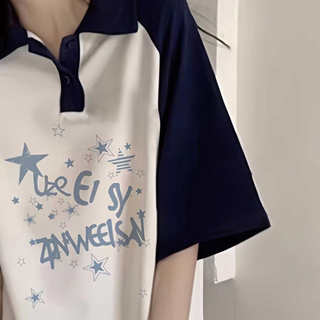 Lazy casual short sleeved T-shirt for women in the summer of 2025, new American retro style lapel splicing color blocking top