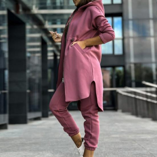 Женский комплект из 2 шт./компл., пальто, брюки, с капюшоном, нерегулярный разрез, застежка-молния с длинным рукавом, свободные флисовые однотонные брюки с эластичной резинкой на талии, ремешки на щиколотке