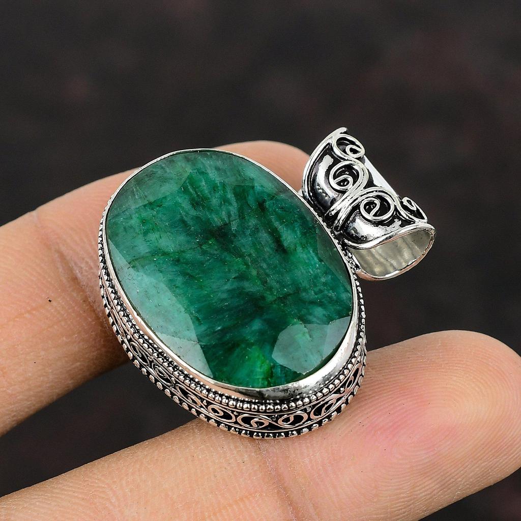 Ограненный замбийский изумрудный кулон, ювелирные изделия из драгоценных камней, винтажный кулон из стерлингового серебра 925 пробы, этнический ювелирный подарок для мамы, кулон ручной работы