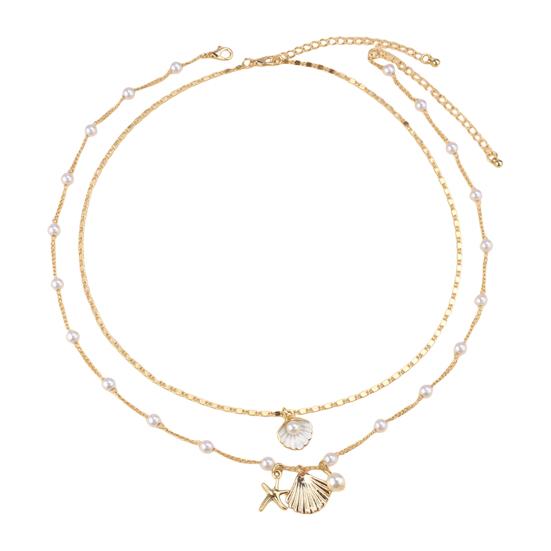 Women Necklace Double-layered Shell Starfish Charm Faux Pearl Decor Adjustable Length Ocean Theme Clavicle Ncklace Prom Party Cosplay Neck Jewelry