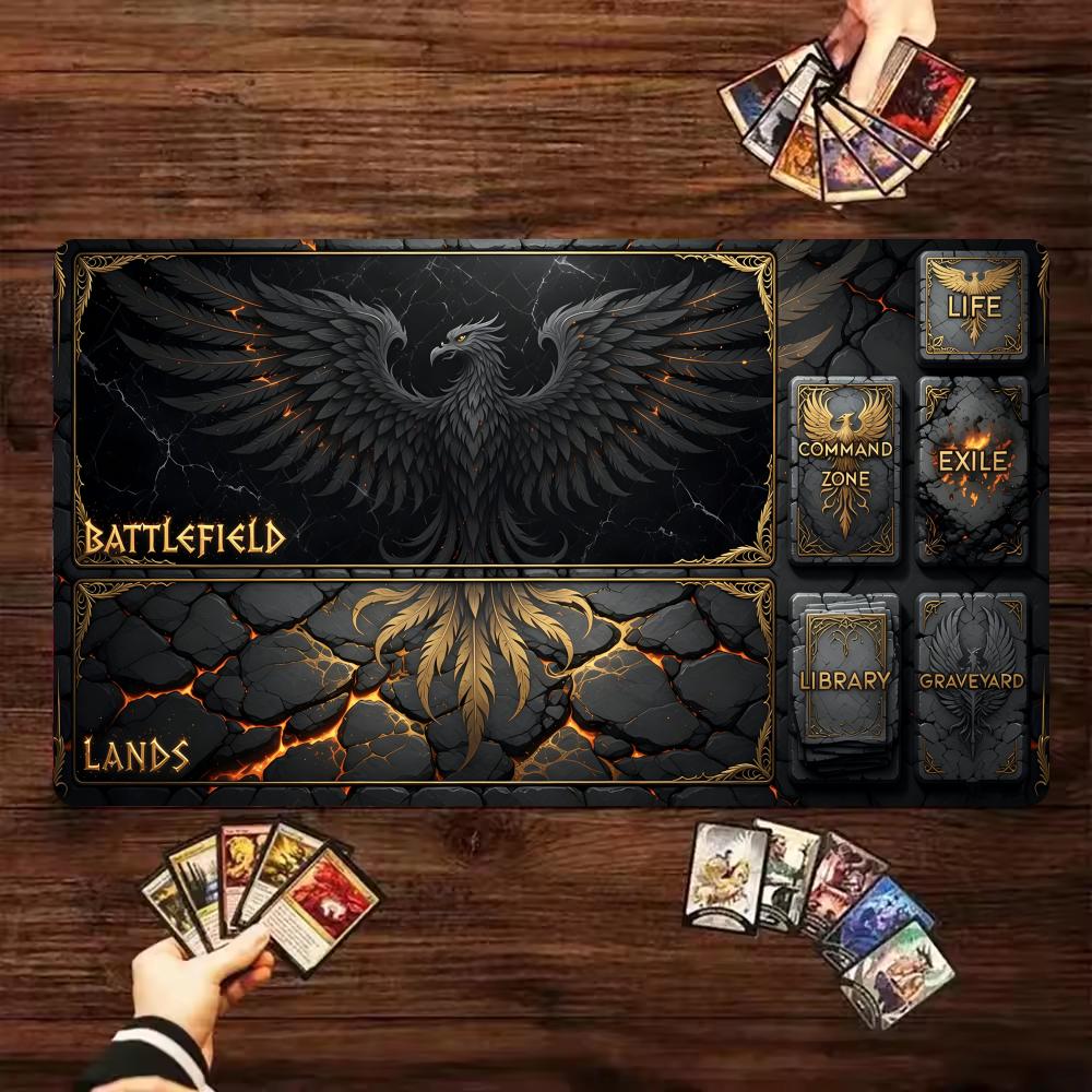 Phoenix Golden Lava Cracked Rock MTG Playmat with Game Zones Non Slip Rubber TCG Card Game Play Mat Magic The Gathering Desk Mat