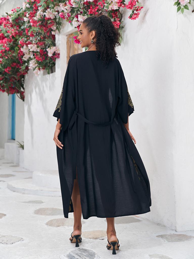 Beach Kimono Gold Embroidery Cover Ups for Swimwear Self Belted Swimsuit Cape Wrap Dresses Holiday Bathing Suits