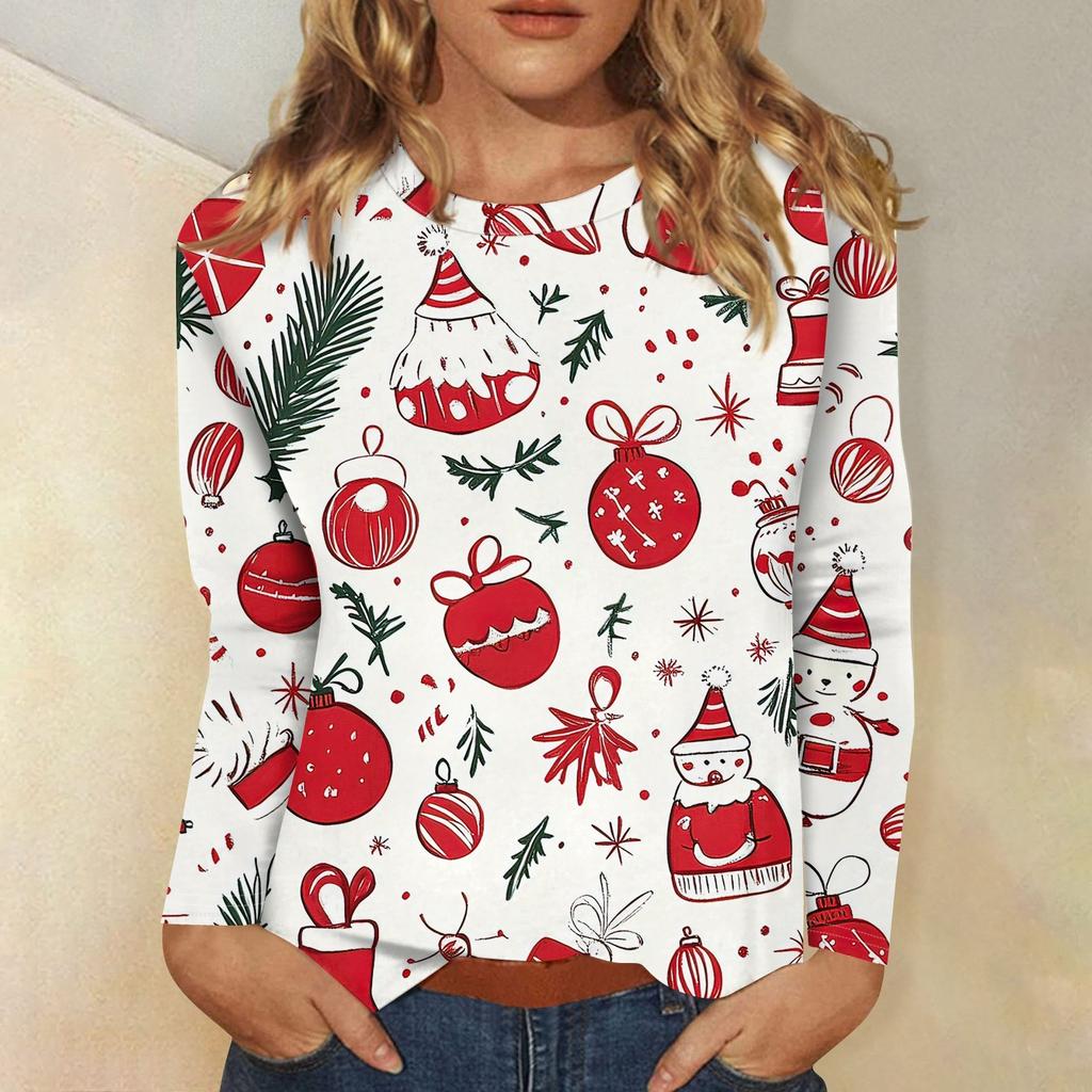 Женская мода повседневный рождественский принт круглый вырез длинный рукав пуловер топ