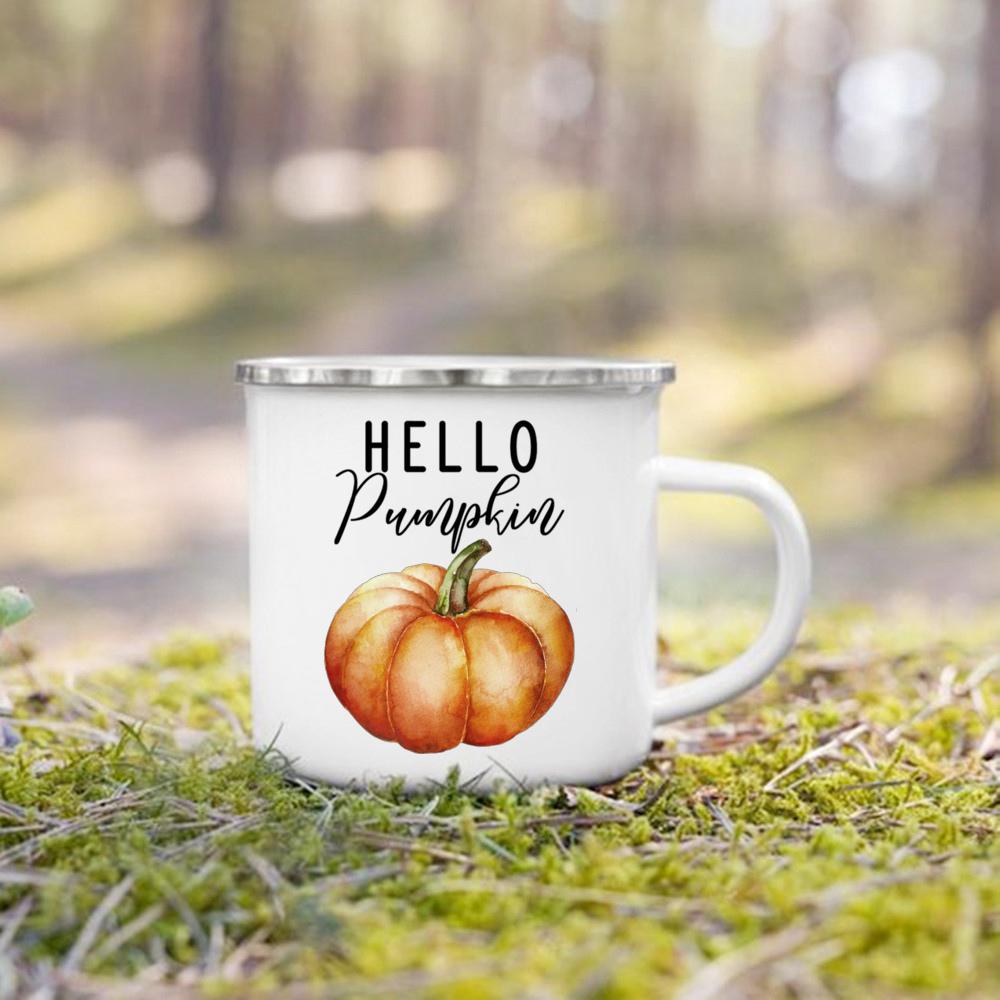 Hello Pumpkin Enamel Mug Halloween Camping Mug Gift For Grandma Mum Nana Autumn Home Decor Hygge Gift Fall Coffee Mug