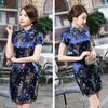 Women Chinese Dragon Phoenix Embroidery High Neck Short Sleeve Split Mini Dress