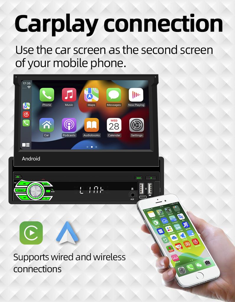 ACODO 1 Din 7" Электрический выдвижной экран Android 13 Carplay Автомобильное радио GPS навигация Мультимедийный проигрыватель Аудио Видео Головное устройство