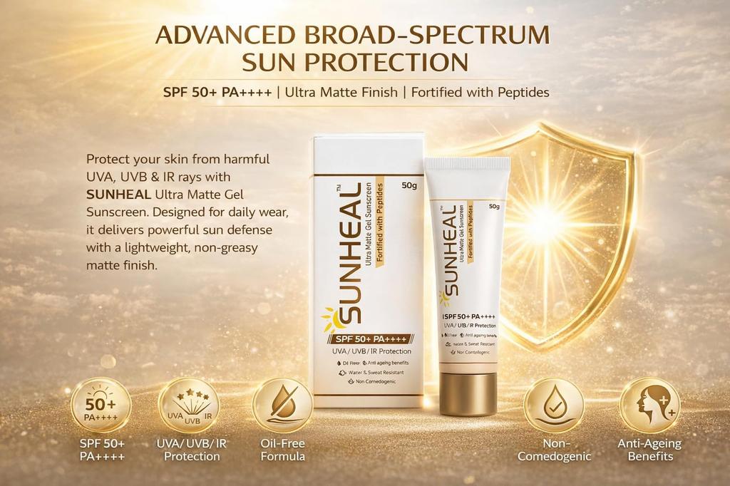 Солнцезащитный гель Sun-heal Ультра-матовый SPF 50+ PA++++ | Защита от UVA/UVB/IR | Без масел и не комедогенный | Водостойкий и устойчивый к поту | Пептиды против старения