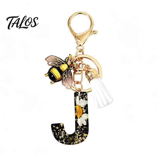 Talos Black Series Keychain Pendant, Dried Flower Initial Letter Charm Key Chain with Bee Tassel Design, A-Z Holder for Bag Purse Backpack