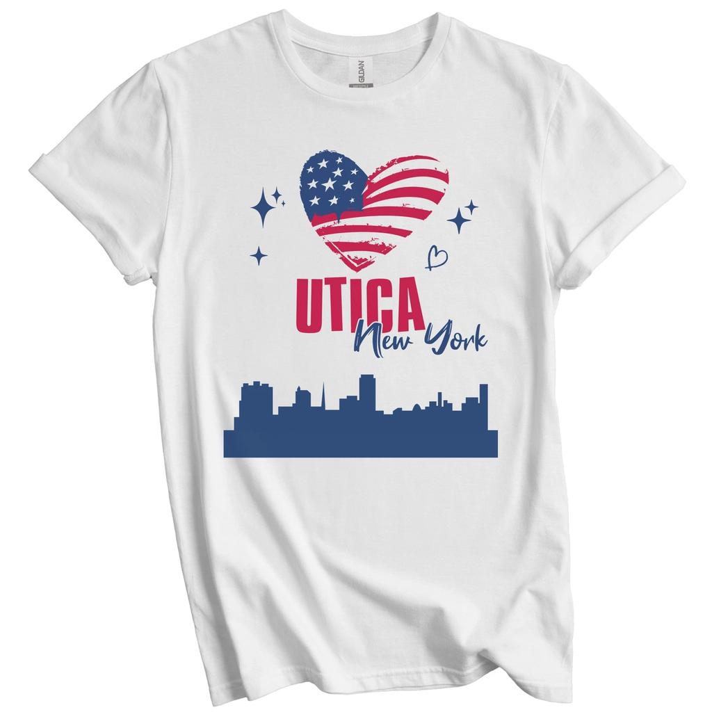Utica New York Skyline American Flag Heart 4th of July T-Shirt