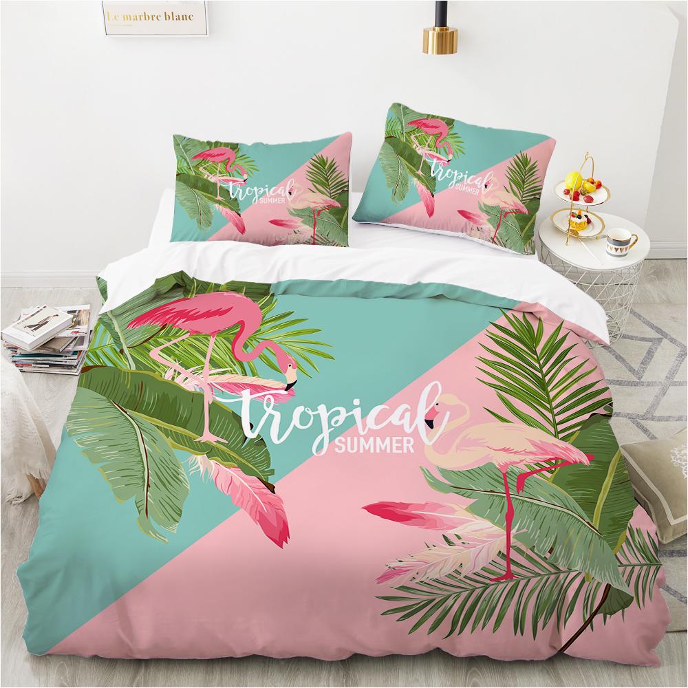 Animal Flamingo King Queen Duvet Cover Cartoon Pink Tropical Bird Bedding Set For Kids Teens Aduls Blue Soft 2/3pcs Quilt Cover