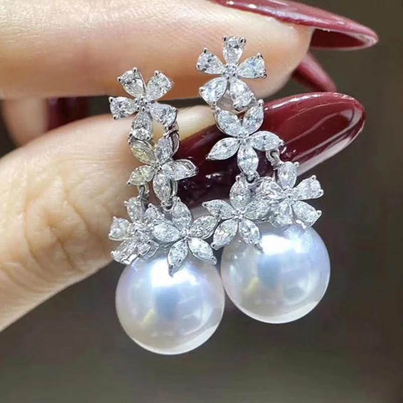 Huitan Brilliant Cubic Zirconia Flower Imitation Pearl Drop Earring for Women Exquisite Ear Accessories Trendy Wedding Jewelry