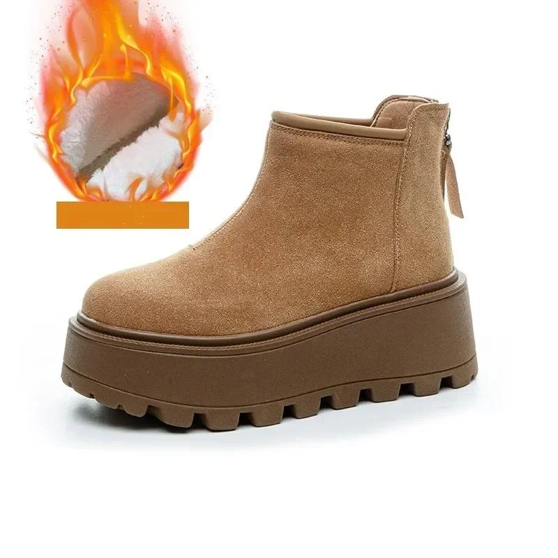 Мода 8,5 см Замша Коровья Натуральная Кожа Модные Женские Ботильоны на Щиколотке Платформа Клиновидный Каблук Зима Плюш 2025 Осень Ботинки Весенняя Обувь Труба