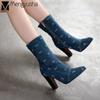 Pointed Denim Botines Femme 2024 Street High Heels Jeans Boots Women Side Zipper Mid-high Denim Bottes Tassel Chelsea Booties