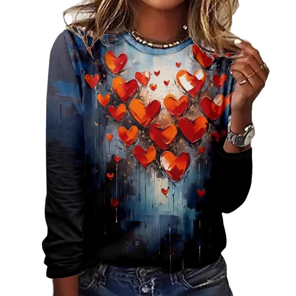 Женские футболки с круглым вырезом и 3D-принтом с узором «Любовь», модные повседневные футболки с длинным рукавом