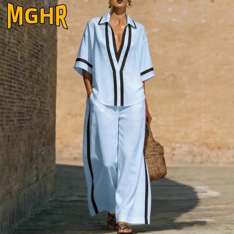 MGHR Women's Fashion Spring Autumn Casual 3/4 Sleeves POLO Neck Pants Suits