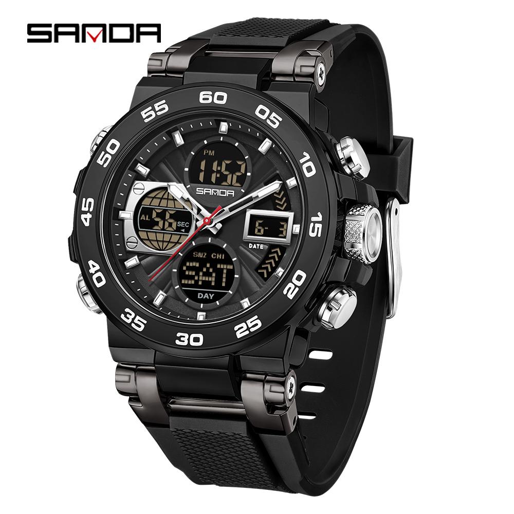 SANDA 6312 Новые стальные спортивные часы с двойным дисплеем и двойным механизмом, водонепроницаемые 5ATM, многофункциональные мужские электронные часы-1