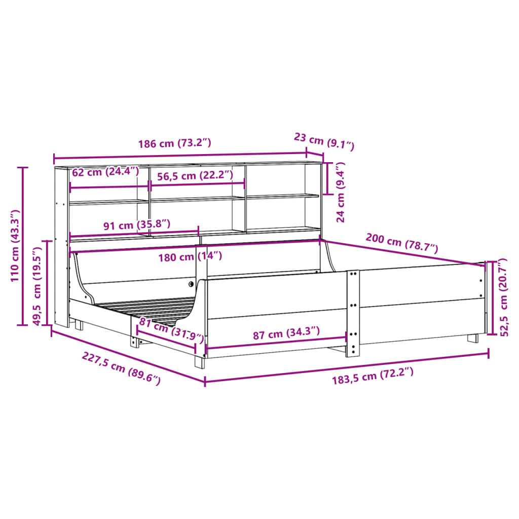Solid Wood Bed with Shelf Without Mattress White 180 x 200 cm