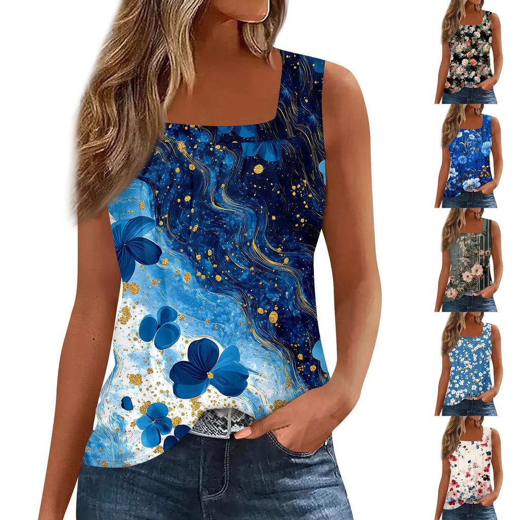Square Collar Tank Top Women Print Tank Tee Casual Loose Fit Sleeveless Shirt