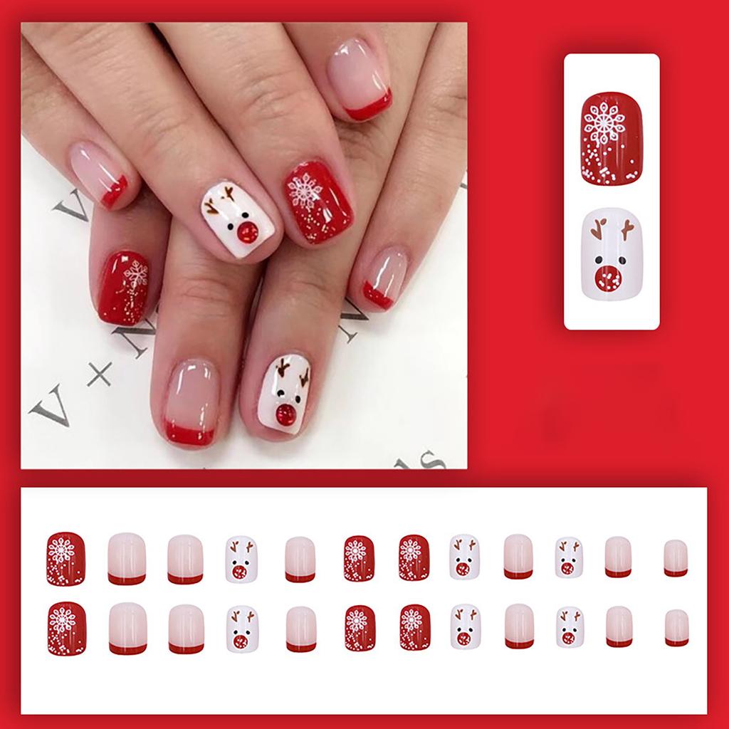 Christmas Fake Nails Short Press On Nails Square Red Full Cover Glue On Nails Christmas Nails With Cute Designs Extra Short With 2ml Glue