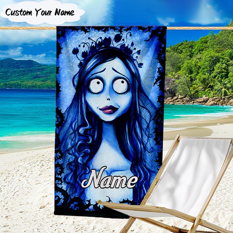 1PC Custom Name Corpse Bride Art Heart Beach Towel, Lightweight Quick-Dry for Man Woman, for Summer Travel, Swimming Pool Birthday Gift