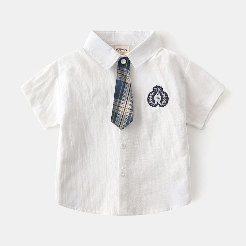 Children's Summer Clothing Boy's Short-Sleeved Shirt Kids Gingham Shirt Baby Lapel Preppy Style Tie Casual Clothes
