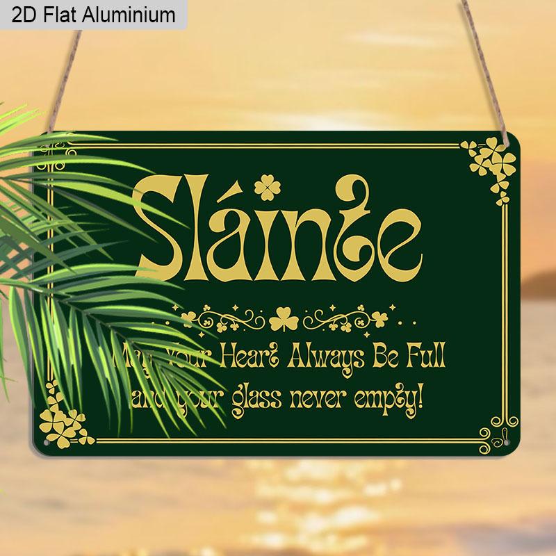 2D Flat Alexia Grace St. Patrick's Day Metal Sign "Slainte" Irish Blessing, Shamrock Amp; Clover Design, Vintage Wall Decor for Home, Cafe, Bar