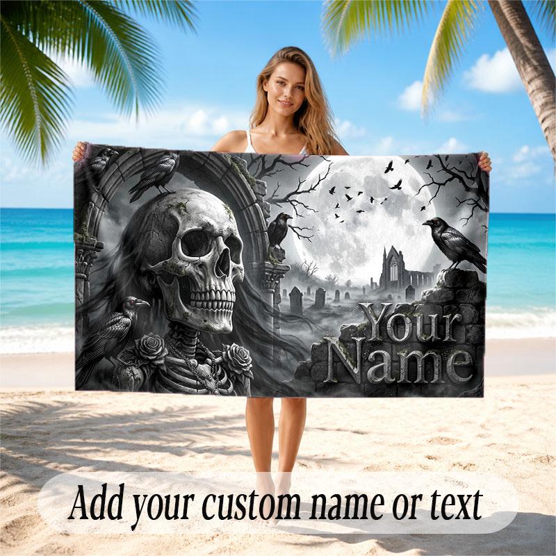 Skull Gothic Theme Beach Towel Personalized Custom Name & Text Soft Quick Dry Beach Towel for Swimming Travel