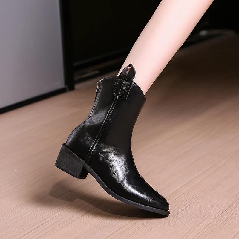 Французские кожаные короткие остроносые ботинки в стиле вестерн, женские туфли на среднем каблуке, облегающие, черные/коричневые, с застежкой-молнией сзади, размер 43