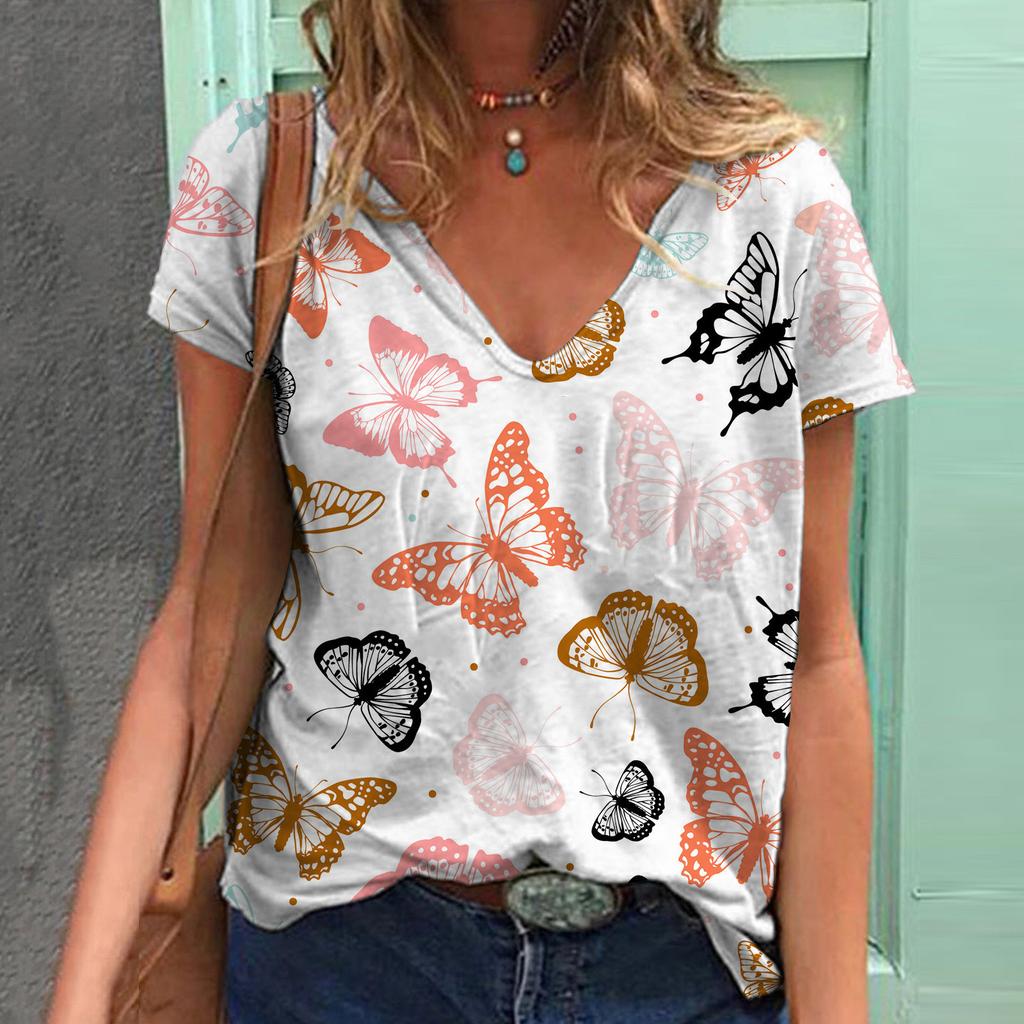 Летняя женская футболка с короткими рукавами и V-образным вырезом в стиле Harajuku с принтом бабочки из полиэстера с 3D-принтом и цифровым принтом