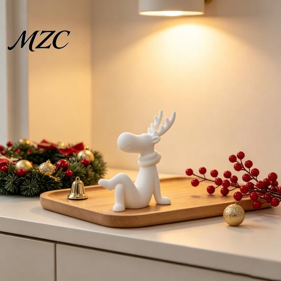 Modern PLA Plastic Sculpture Decor 3D Printed Reindeer Figurine, Cute Sitting Statue with Scarf, Christmas Animal Statues for Home Tabletop Deer Home,