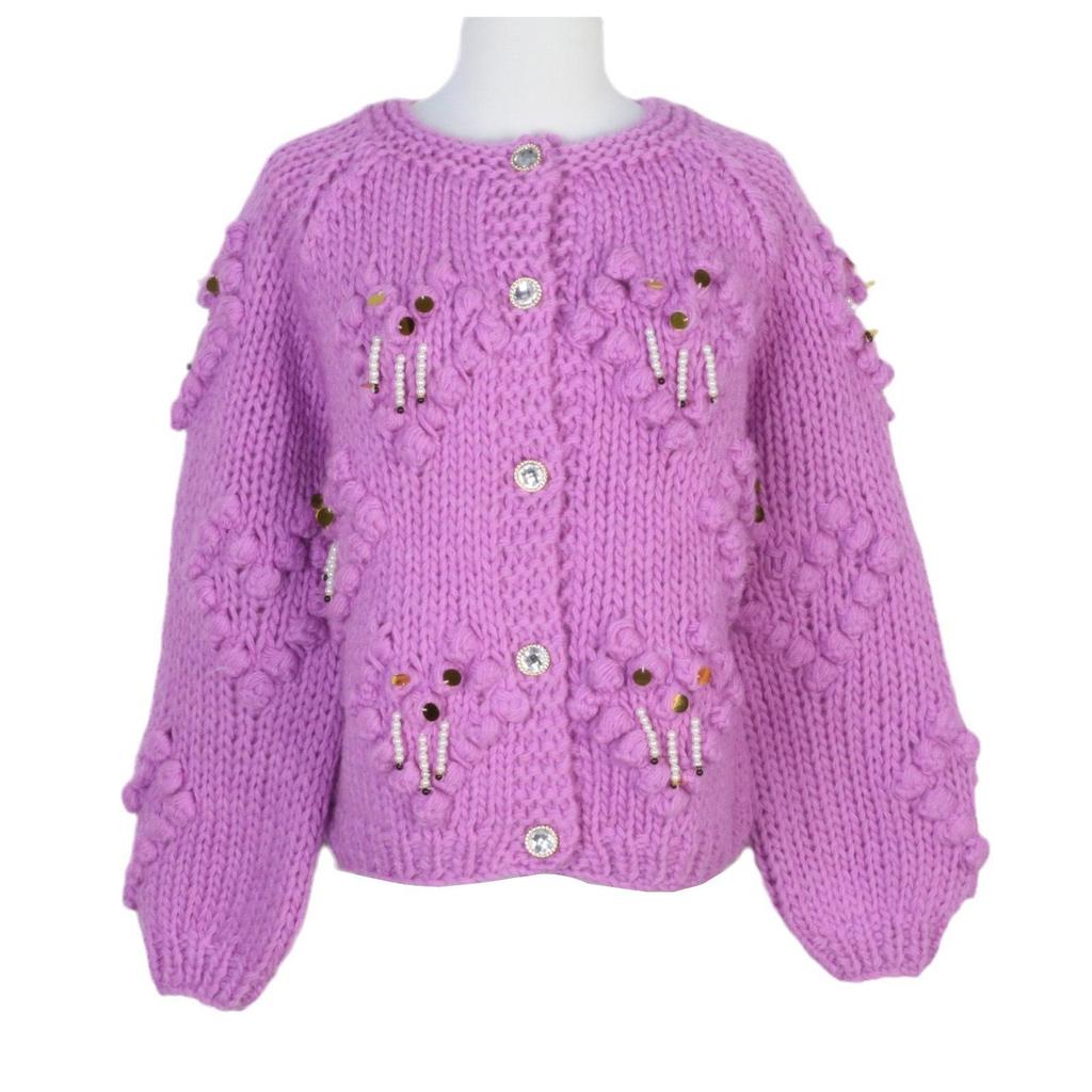 Женский модный кардиган с фиолетовыми помпонами - Круглый вырез, С бисером, Ручной вязки, Ленивый стиль, Осенне-зимний свитер