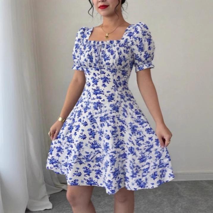 Европейская и американская женская одежда популярное цветочное платье с рукавами-листьями лотоса для пляжного отдыха