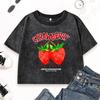 Red Strawberry Sweet Summertime Prints Women Washed Crop Top Street Fitness Short Sleeve Cotton Summer T-Shirt Tops