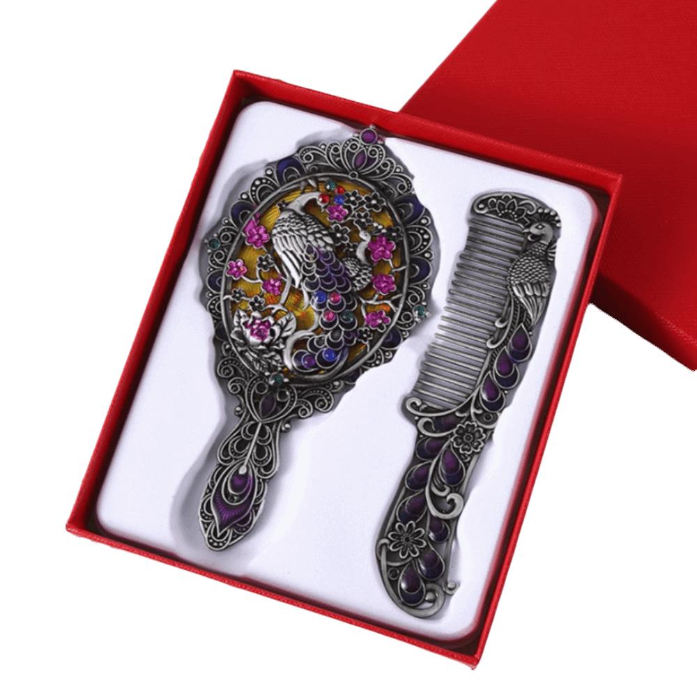 Hand-held Peacock Makeup Mirror Comb Set Portable Cosmetic Mirror Birthday Gift