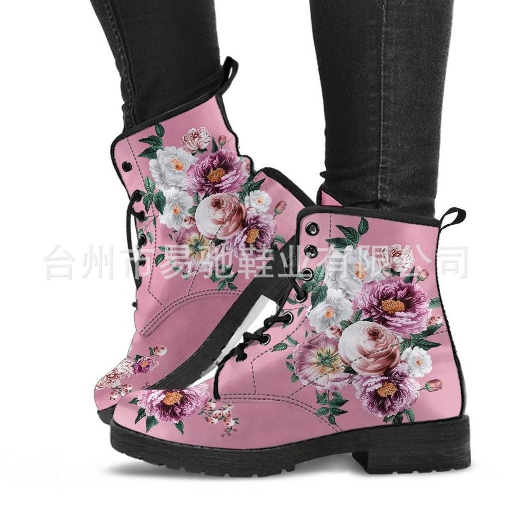 Large Size Women's Leather Boots Color Printed Nude Boots Fashion British Handmade Lace-Up Martin Boots