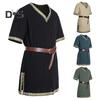 Medieval Viking Tunic Shirt V-Neck Short Sleeves Embroidery Belted Cosplay Stage Renaissance Events Performance Halloween Costume Pirate Top