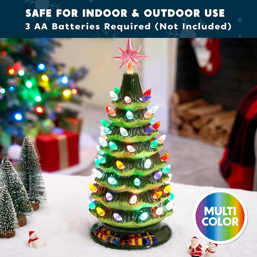 JOYFY 15" Настольная предварительно освещенная керамическая рождественская елка с 70 разноцветными огнями, расписанная вручную керамическая настольная рождественская елка для Рождества