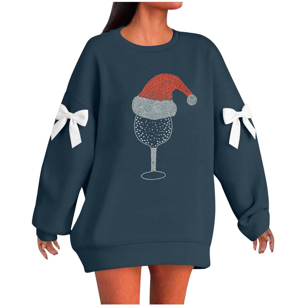 Ladies' Christmas Printed Bow Round Neck Long Sleeved Loose Pullover Sweater Sweatshirt Top