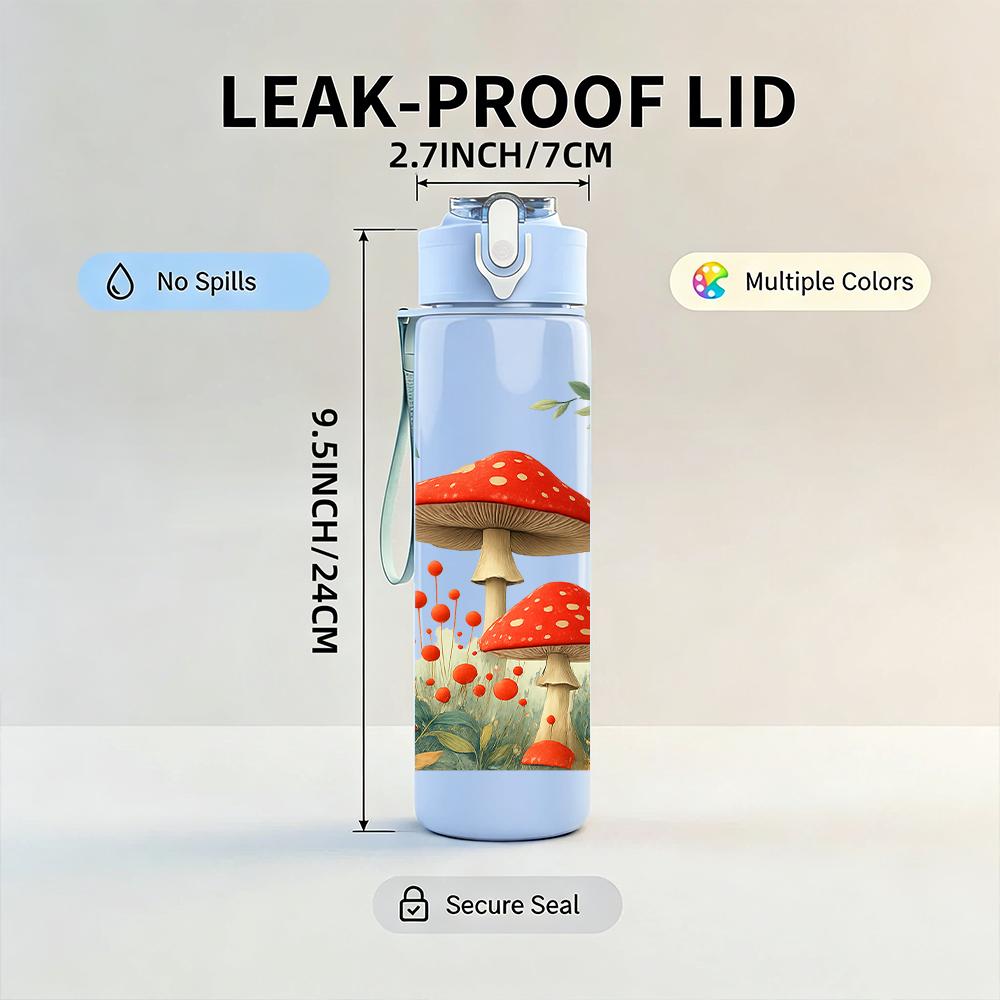 1PC Red Mushroom Forest Scene 750ml Color Plastic Sports Water Bottle Leakproof Flip Straw Lid For Sports Office Home Use
